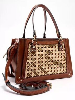 NWT Patricia Nash Woven Rattan Accent Satchel in Brown cognac boho bag